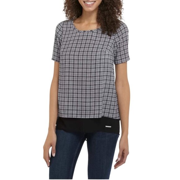 Michael Kors Womens Black & White Plaid Short Sleeve Top With Split Back Medium - Picture 14 of 14